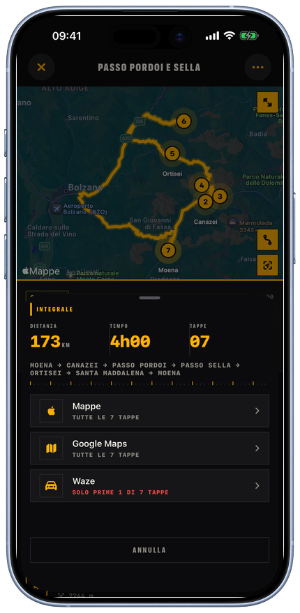 Strada navigator picker showing Apple Maps, Google Maps and Waze.