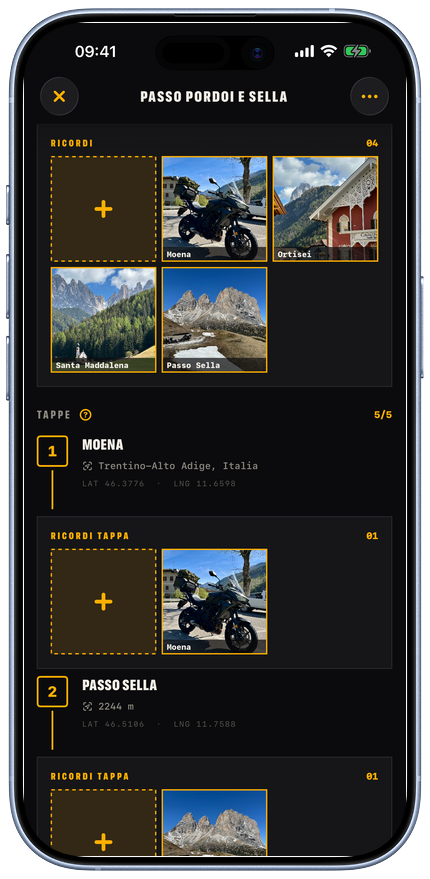 Strada completed ride memories screen with route photos.