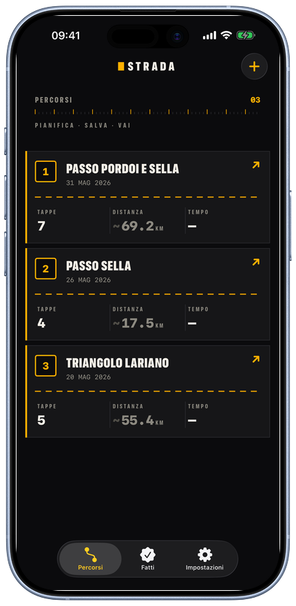 Strada route planning screen with a mountain itinerary.