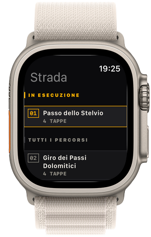 Apple Watch showing a list of Strada routes.